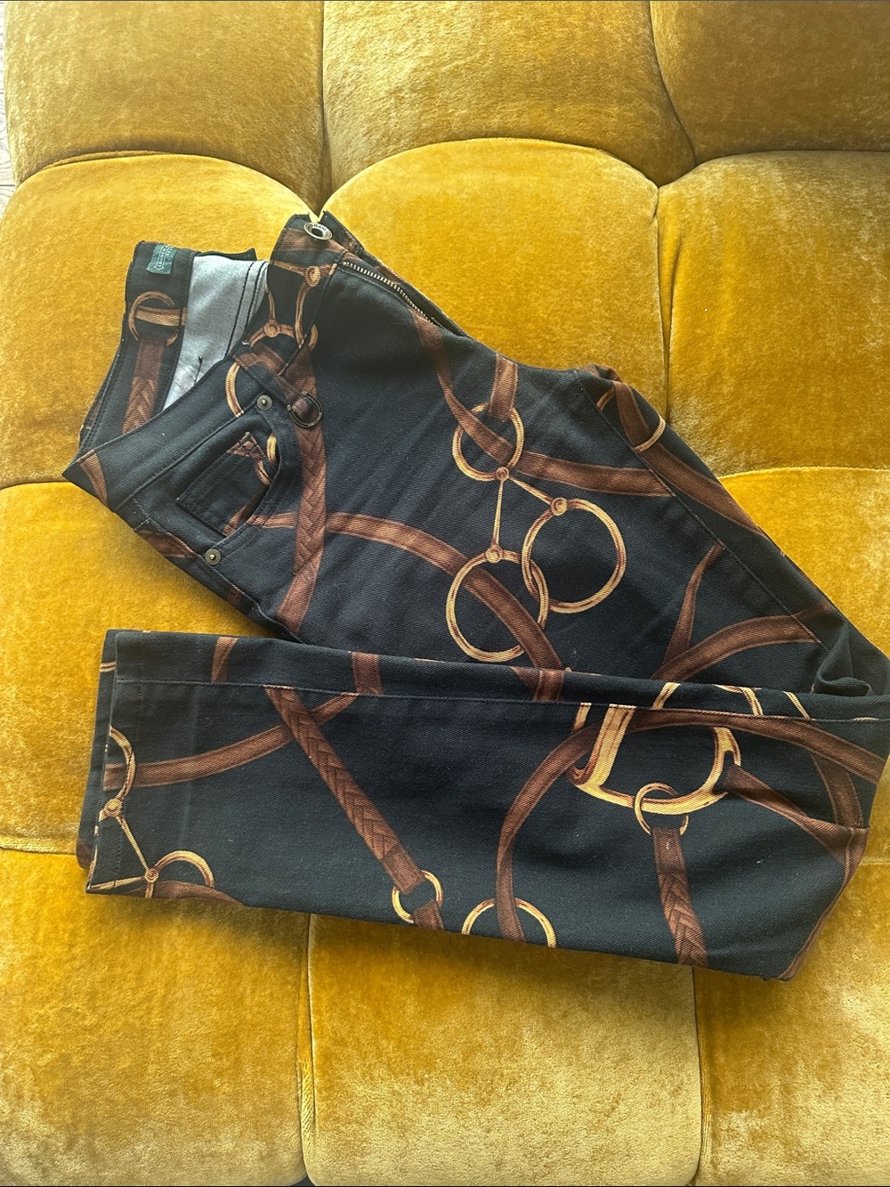 Ralph Lauren Black Straight-Leg Jeans with Brown & Gold Equestrian Print